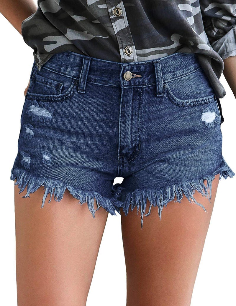 luvamia Women Casual High Waisted Denim Shorts Frayed Raw Hem Ripped Jeans Shorts A Bright Cobalt Blue Size Large Fits US 12-14 - Image 1